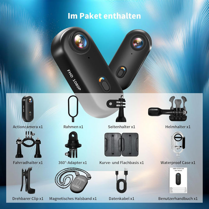 Action Cam 1080P WiFi, Bodycam Körperkamera Mini, 360° Action Kamera, Sportkamera Wasserdicht bis 30