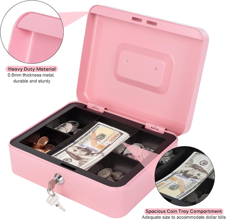 Rosa Geldkassette mit Geldablage und Schloss, Metall-Spardose für Bargeld, Schlosskasten für Geld, 2