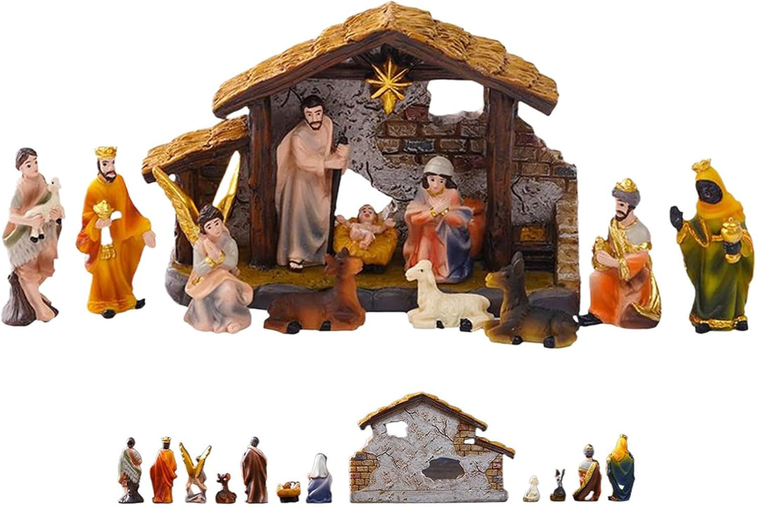 Krippen Set Weihnachten 3,5 cm Hoch - Krippenfiguren Statuen | Religiöse Resin Figuren Deko für Tisc