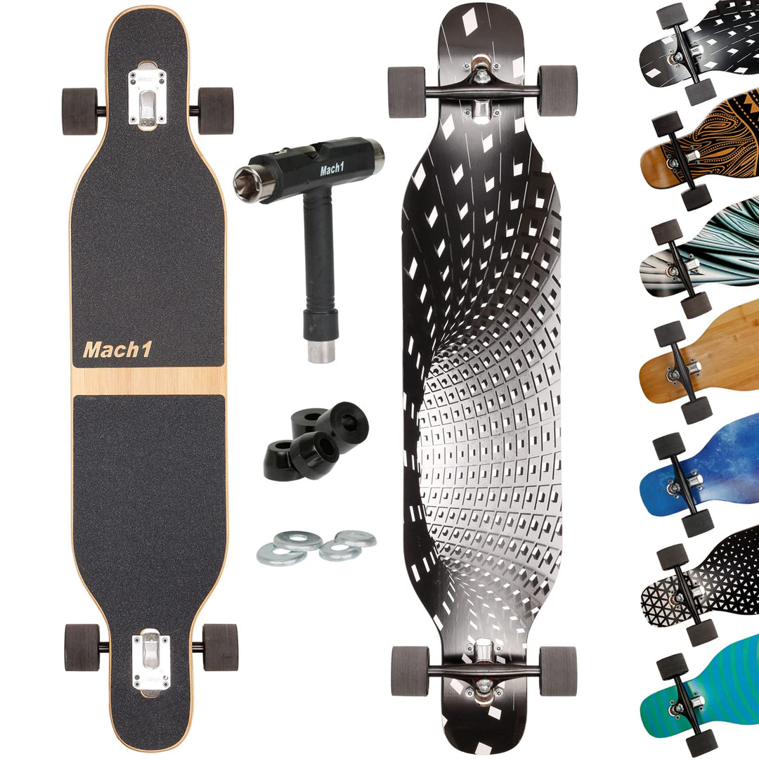 Mach1 Bambus Longboard mit Keramik Kugellager + T-Tool - Skateboard Drop Through Cruiser Komplettboa