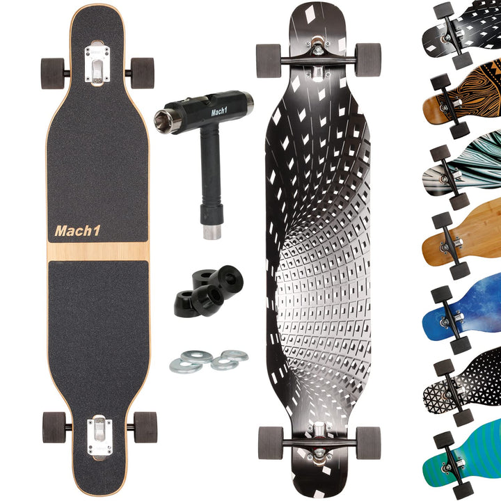 Mach1 Bambus Longboard mit Keramik Kugellager + T-Tool - Skateboard Drop Through Cruiser Komplettboa