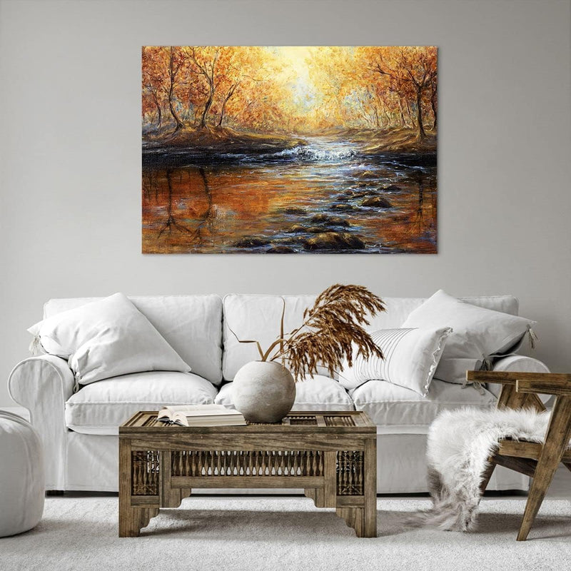 Bilder auf Leinwand 100x70cm Leinwandbild mit Rahmen Bach Park Baum Gross Wanddeko Bild Schlafzimmer