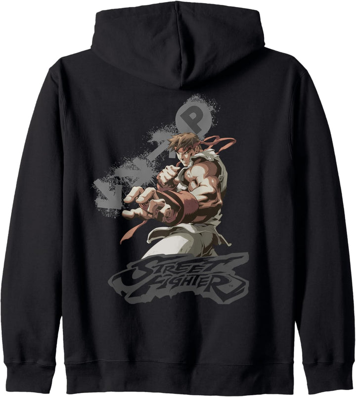 US Street Fighter Ryu Portrait Fireball 01 Grau meliert Kapuzenjacke