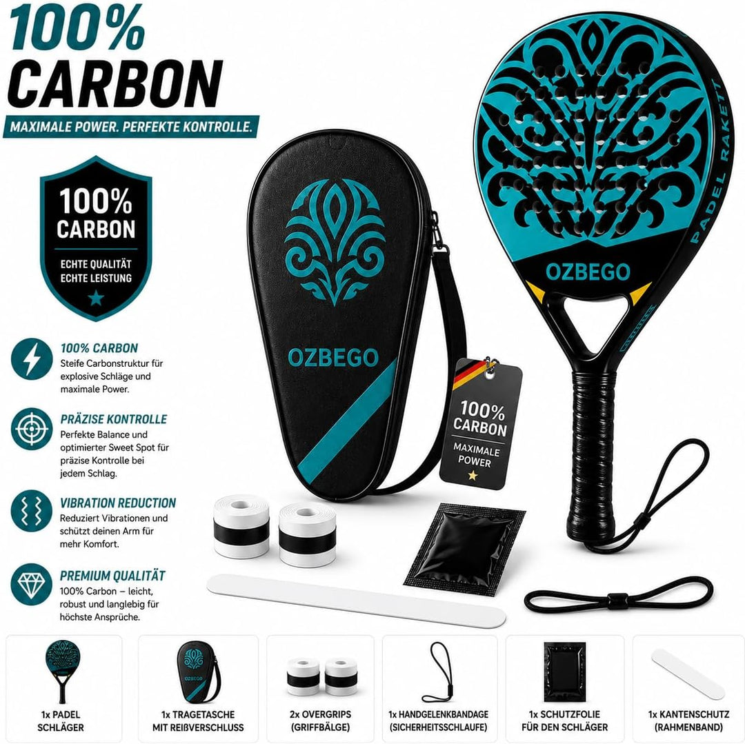 OZBEGO Padelschläger Set aus Vollcarbon inkl. Tasche, 2 Overgrips, Handgelenkband &amp; Schutzfolie – Le