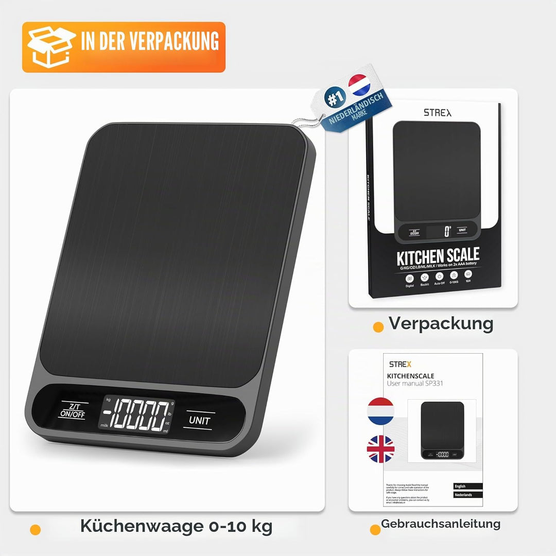 Strex Küchenwaage Digital - Waage Küche - 1 g bis 10 kg - Tarra Funktion - Inklusive Batterien - Sch