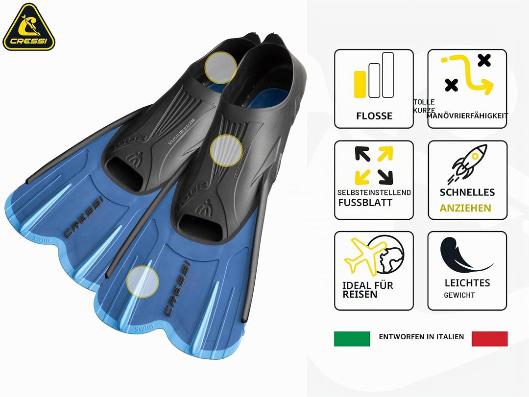 CRESSI Agua Short Fins - Self Adjusting Flossen für Schnorcheln, Schwimmen und Trainieren 35/36 Blau