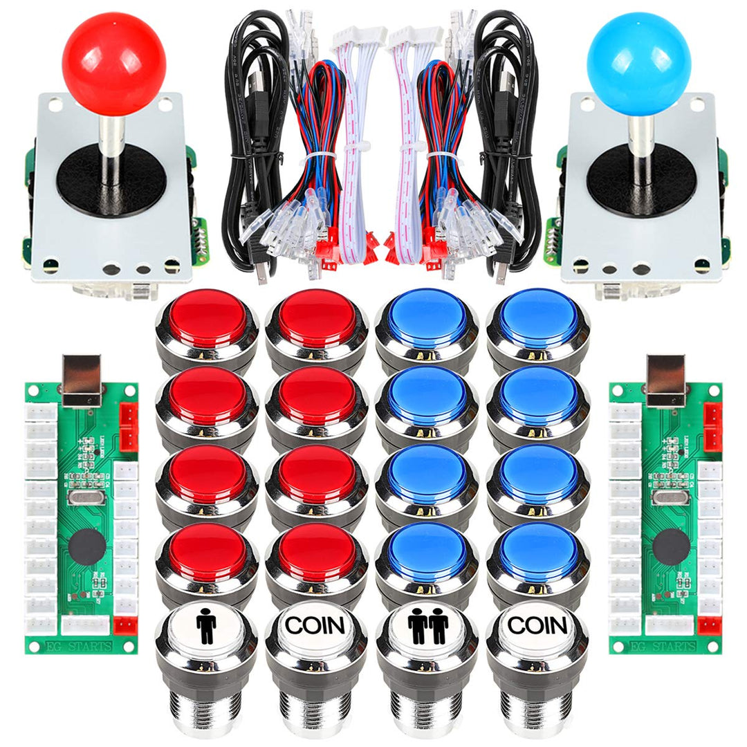 Fosiya 2 Spieler Arcade Joystick LED-Chrom-Drucktasten für PC MAME Raspberry Pi Video-Spiele Arcade