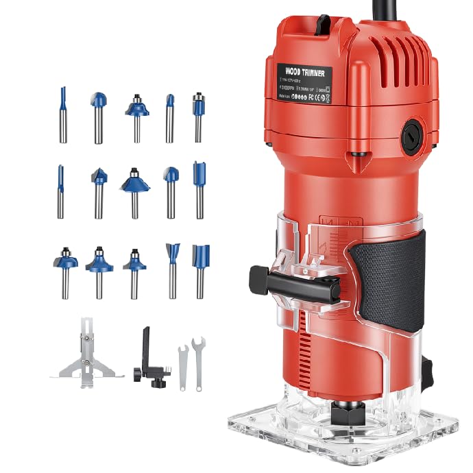 Oberfräse Trimmer 800W, 30000 U/min Einhandfräse Kantenfräse Holz Multifunktionsfräse, Handfräsmasch
