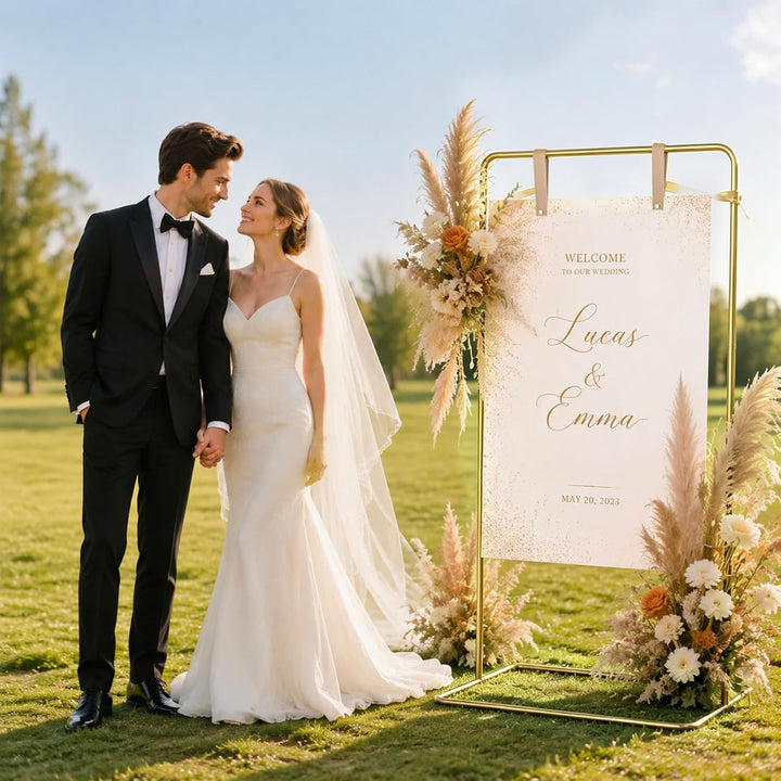 Hochzeitsschild Halter Metall 80 * 50 * 173cm, Verstellbare Staffelei für Willkommensschild, Sitzpla