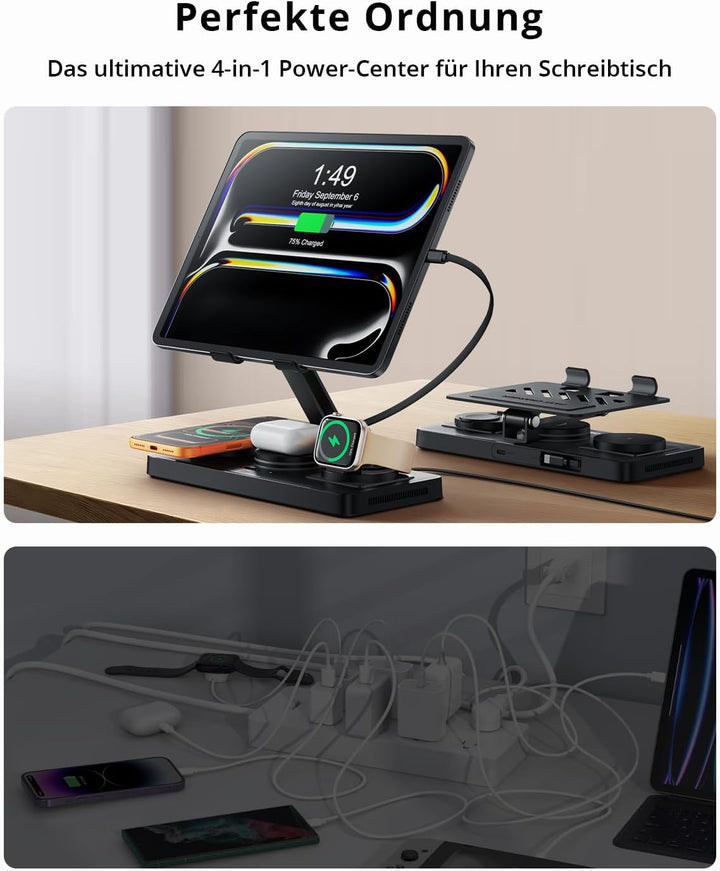 GEEKERA 4-in-1 Ladestation für Apple, Eingebautes einziehbares Ladekabel für iPad, Magnetisch Indukt