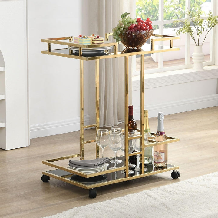FineBuy Servierwagen Gold Metall mit Glas Ablagen auf Rollen 67,5x83,5x43 cm, Moderner Barwagen mit