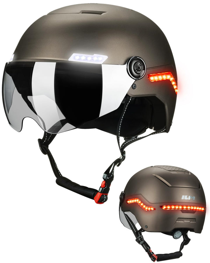 ILM Fahrradhelm Herren Damen mit Visier und LED Licht Beleuchtung Automatischem G-Sensor für Blinker