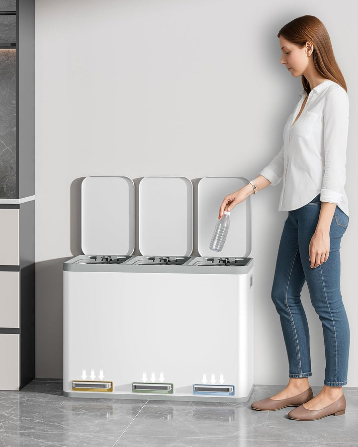 Hzuaneri Mülleimer Küche, Mülltrennsystem 3 Fächer 45L (3 x 15 L), Edelstahl-küchenmülleimer, Tretmü