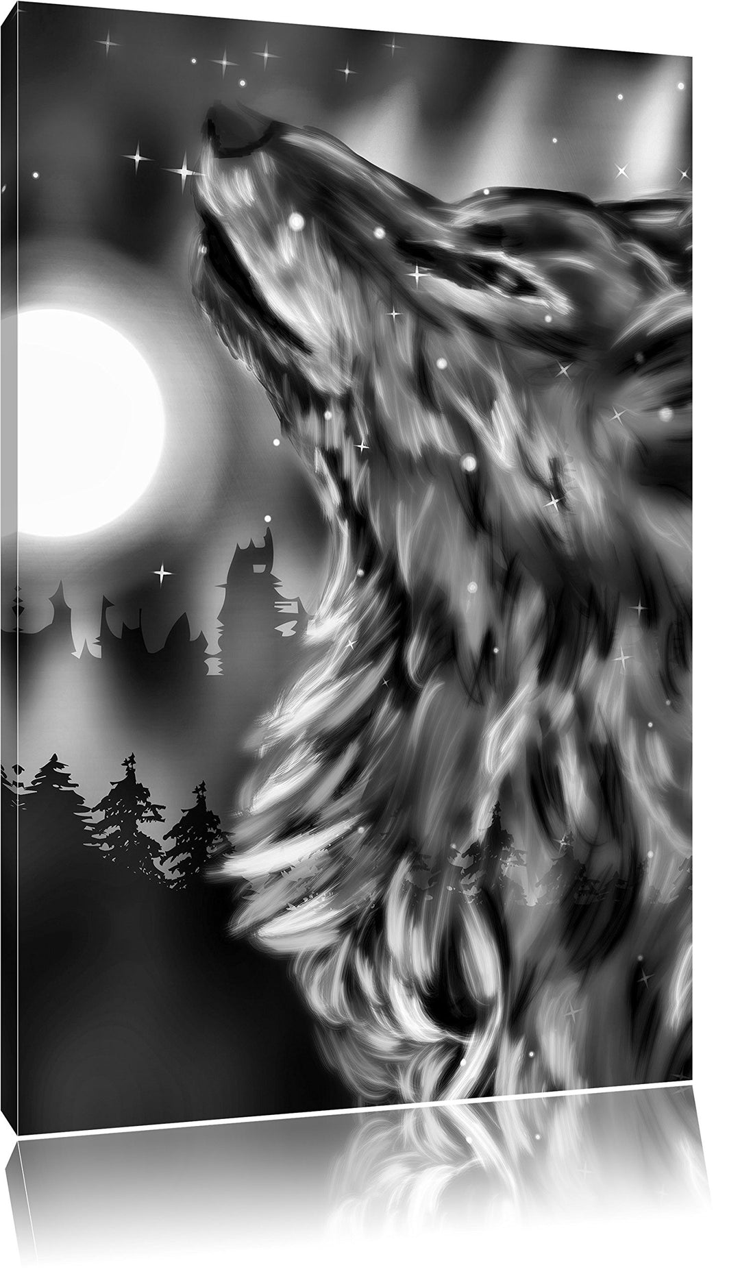 Pixxprint Abstrakter Wolf mit Mond als Leinwandbild | Grösse: 100x70 | Wandbild| Kunstdruck | fertig