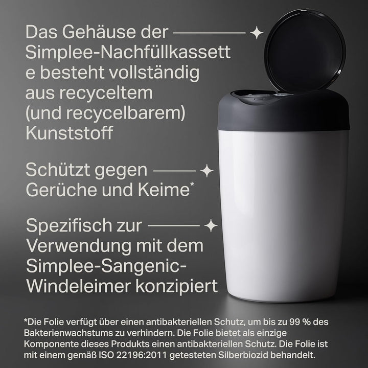 Tommee Tippee Nachfüllkassetten für Simplee Sangenic Windeleimer, Antibakterieller Schutz, 6er-Pack