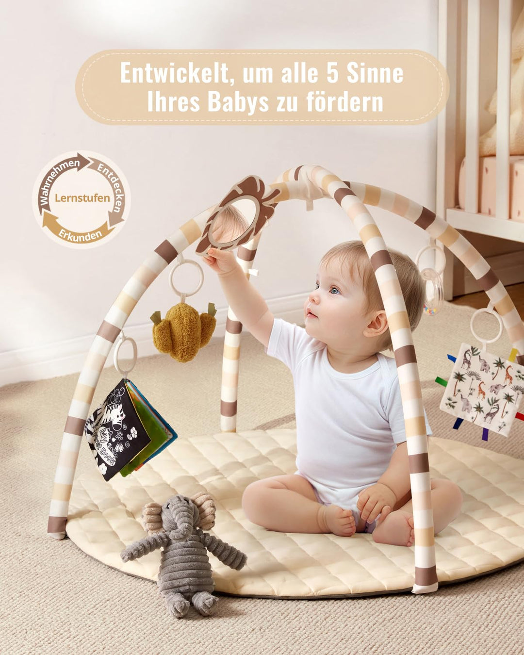 Blissful Diary Spielbogen Baby, Spieldecke Baby Gym Activity Decke mit 6 Abnehmbare Spielzeuge, krab