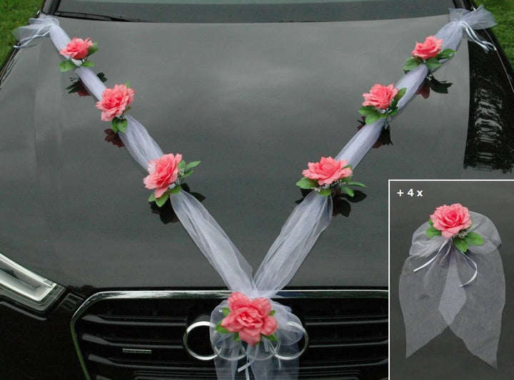 Organza M + Schleife Auto Schmuck Braut Paar Rose Deko Dekoration Autoschmuck Hochzeit Car Auto Wedd