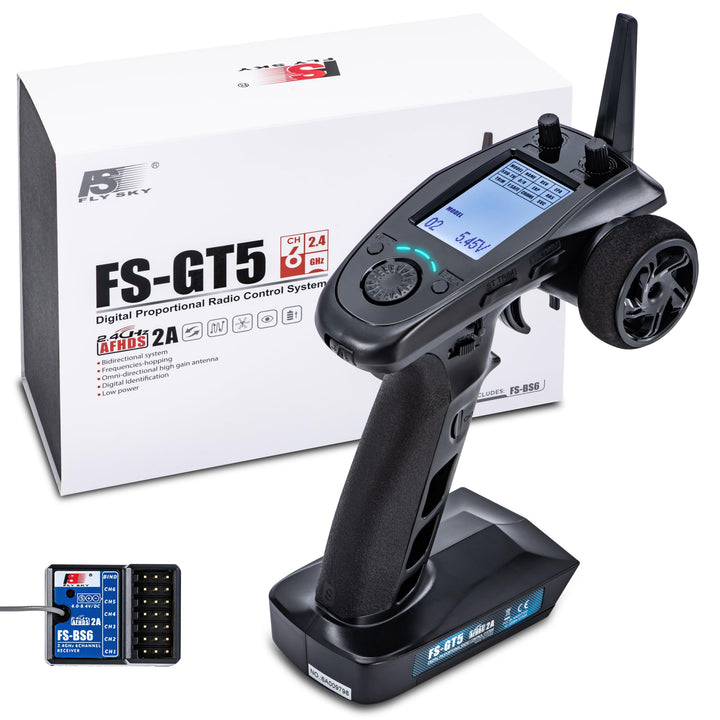 Flysky FS-GT5 6CH RC Fernsteuerung mit FS-BS6 Gyro Empfänger Set,2.4GHz AFHDS 2A Sender für RC Crawl