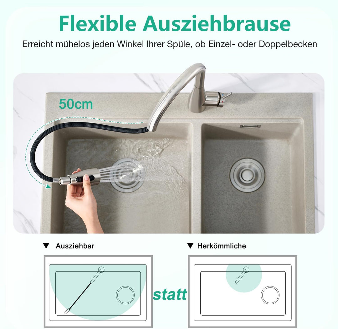 CREA 3 Wege Küchenarmatur mit Brause ausziehbar, Trinkwasserhahn Wasserhahn Armatur Küche, Mischbatt