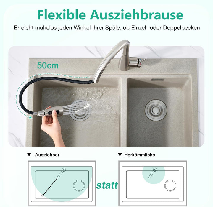 CREA 3 Wege Küchenarmatur mit Brause ausziehbar, Trinkwasserhahn Wasserhahn Armatur Küche, Mischbatt