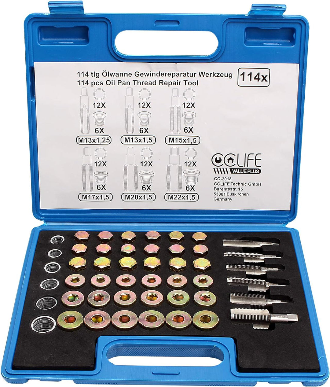 CCLIFE 114tlg Ölwanne Gewindereparatur Ölblassschraube Reparatursatz M13 x 1,25 | M13 M15 M17 M20 M2