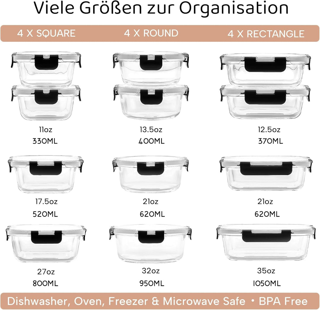 Zulay 12er-Set Glas-Frischhaltedosen für Meal Prep, Tupperdosen Set aus Glas mit luftdichten Deckeln