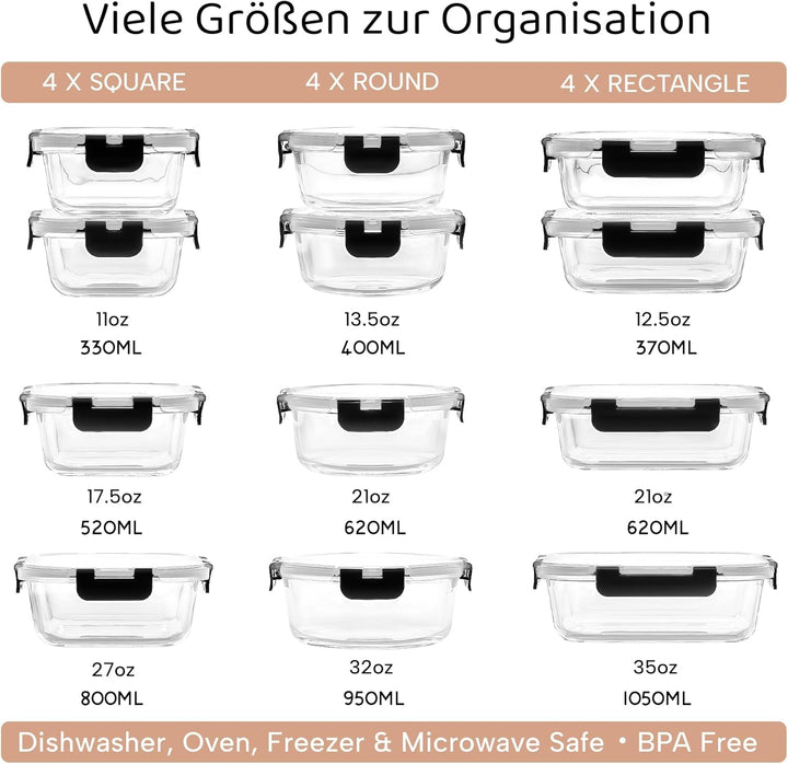 Zulay 12er-Set Glas-Frischhaltedosen für Meal Prep, Tupperdosen Set aus Glas mit luftdichten Deckeln