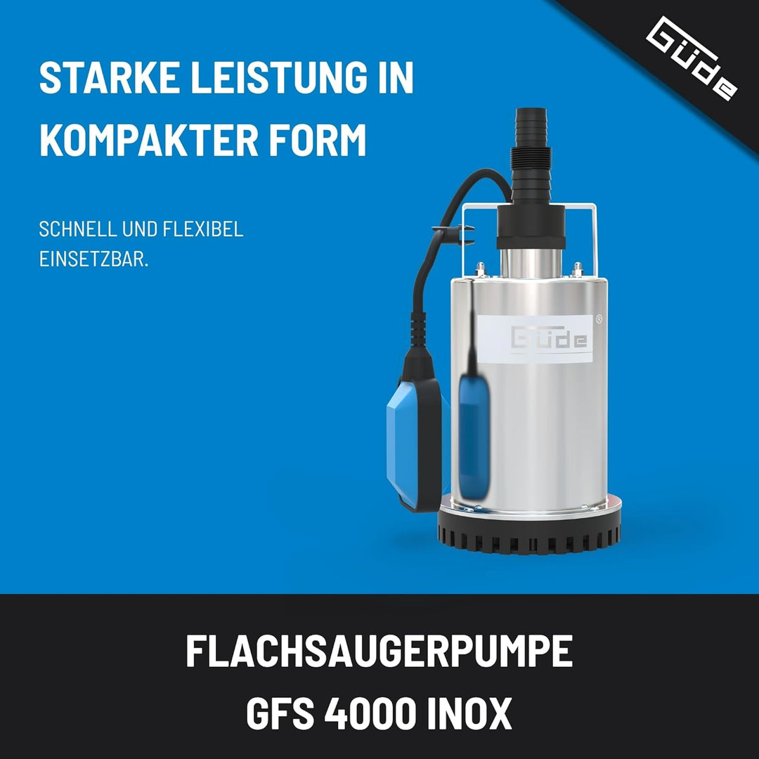 Güde 94606 GFS 4000 INOX Flachsaugerpumpe Tauchpumpe (400W, 700 l/h Fördervolumen, IG 1 ½“ Anschluss
