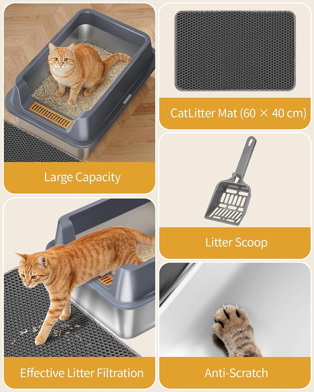 Hzuaneri Katzenklo Edelstahl XXL, 60 × 40 × 26 cm, Katzenklo mit Hoher Rand, mit XL-Matte, Schaufel,