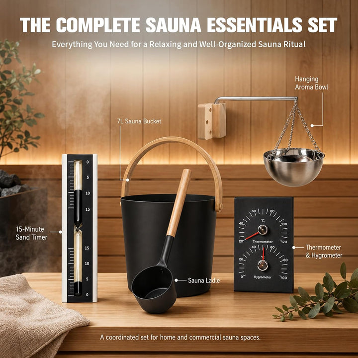 5-Teilig 7L Sauna Eimer mit Kelle, Alu Saunazubehör mit Sanduhr/Aromaschale