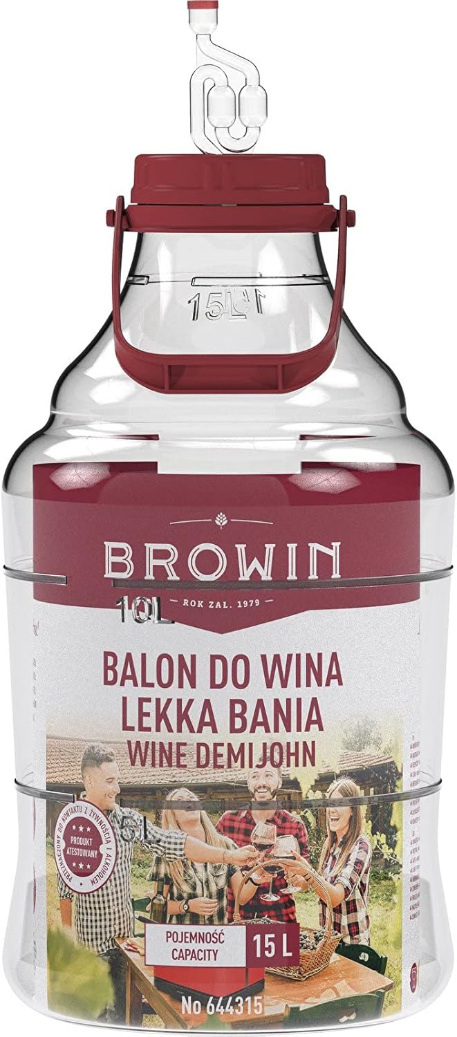 Browin 644315 Weinballon aus Plastik 15 L mit Schraubverschluss, Korken, Gärröhrchen und Tragegurten