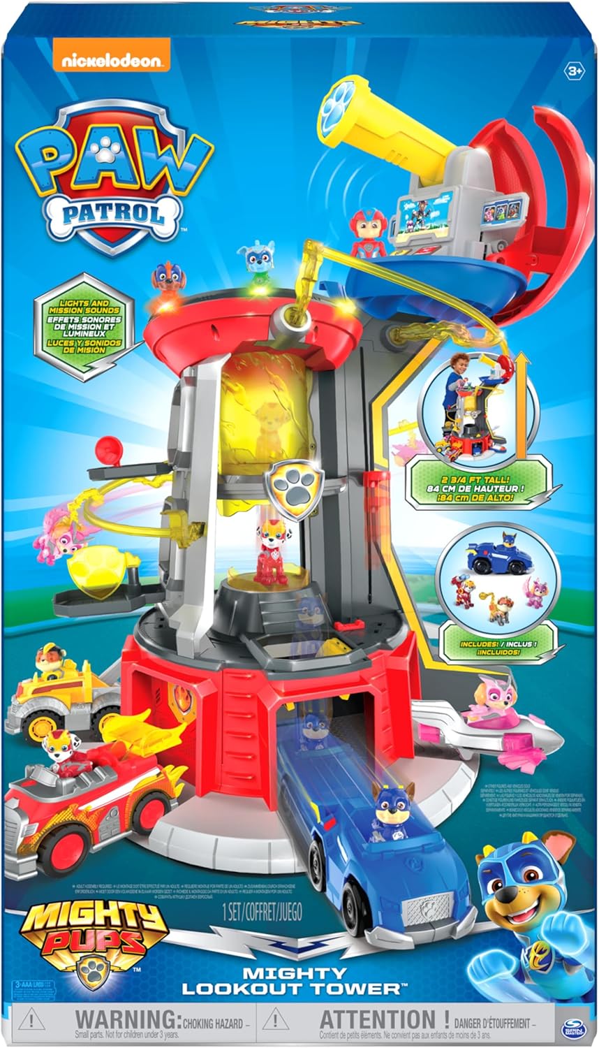 PAW PATROL, Mighty Lookout Tower mit 4 zusätzlichen exklusiven Action-Figuren, Spielzeugauto, Licht-