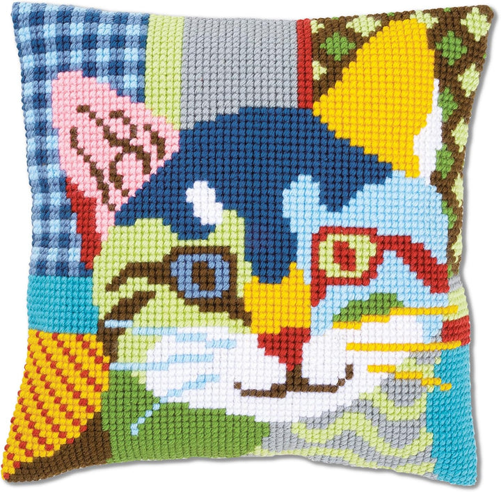 Vervaco Kreuzstichkissen Katze, Patchwork Stil, Stickbild vorgezeichnet Kreuzstichpackung Kissen, vo