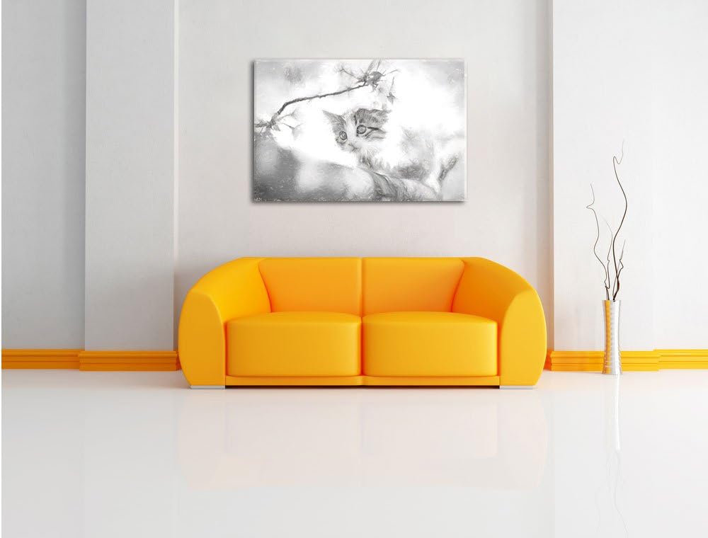 Pixxprint Süsses Kätzchen im Kirschbaum Kunst Kohle Effekt, Format: 100x70 auf Leinwand, XXL riesige