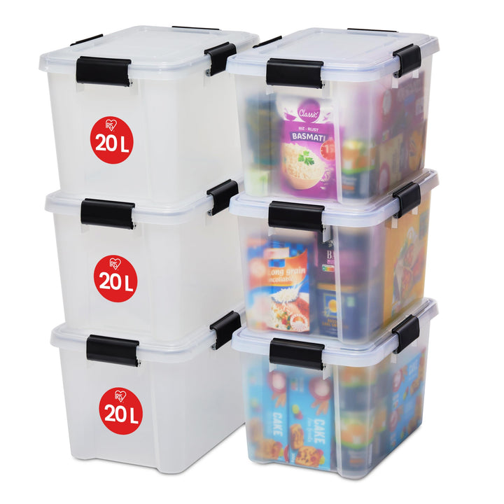 Iris Ohyama Luftdichte Kunststoff-Aufbewahrungsboxen mit Deckel, 20L, 6er-Set, Transparent, Hermetis
