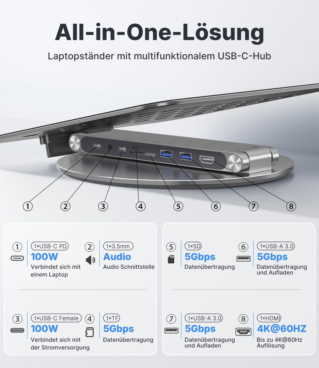 KU XIU Verstellbar Laptop Ständer mit 8-in-1 Dockingstation, Aluminium Laptop Halterung mit USB HUB