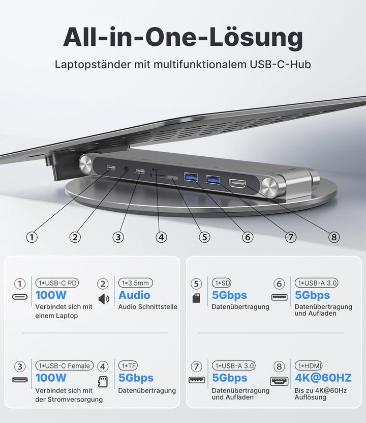 KU XIU Verstellbar Laptop Ständer mit 8-in-1 Dockingstation, Aluminium Laptop Halterung mit USB HUB