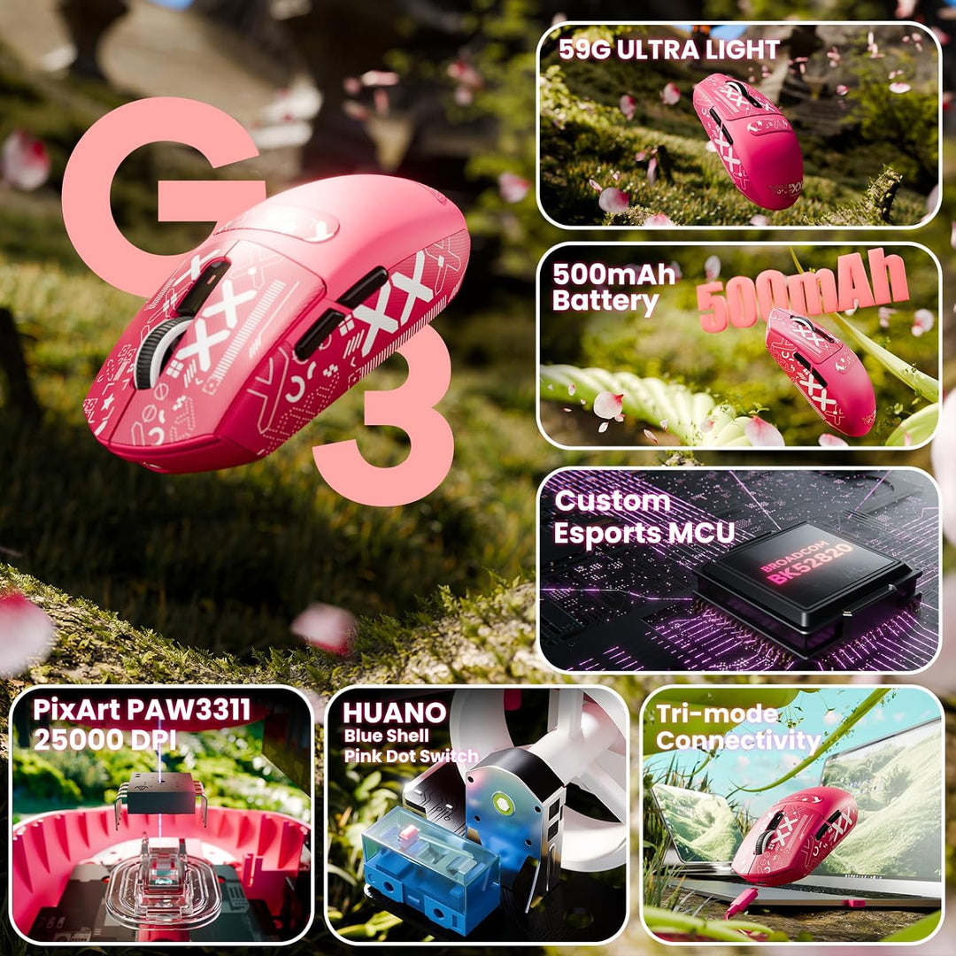 ATTACK SHARK G3 Kabellose Gaming-Maus, 25000 DPI, PAW3311-Sensor, 59g Superlight G305 Gamer-Mäuse, 8