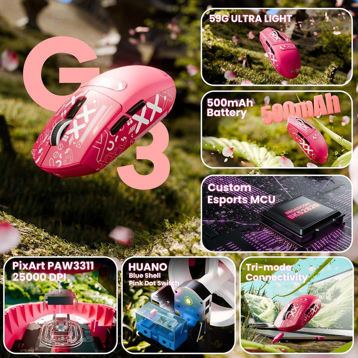ATTACK SHARK G3 Kabellose Gaming-Maus, 25000 DPI, PAW3311-Sensor, 59g Superlight G305 Gamer-Mäuse, 8