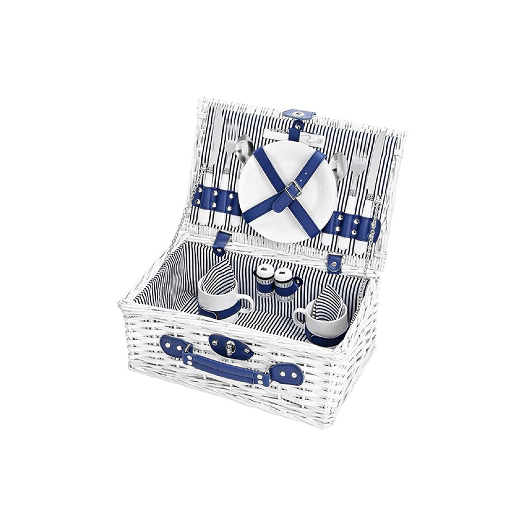 Pärchen Picknickkorb, blau-weiss, gestreift | Picknick Set für 2 Personen | 16 Teile