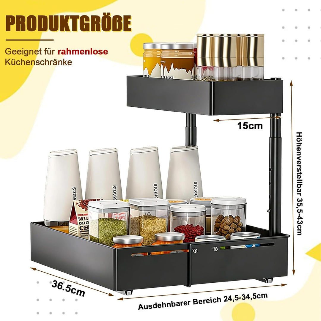 Spülschrank Organizer Ausziehbar – 2 Etagen Unterschrank Organizer Schwarz | Küche Höhenverstellbar