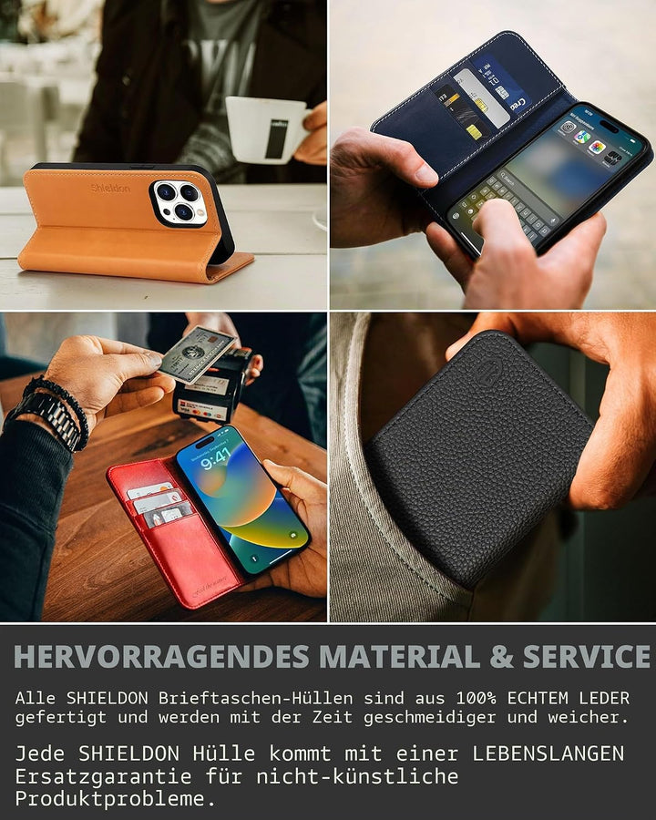 SHIELDON Hülle für iPhone 13 Pro Max Lederhülle [Echtleder] [RFID-Sperre] [Kartenfach] [Magnet] TPU