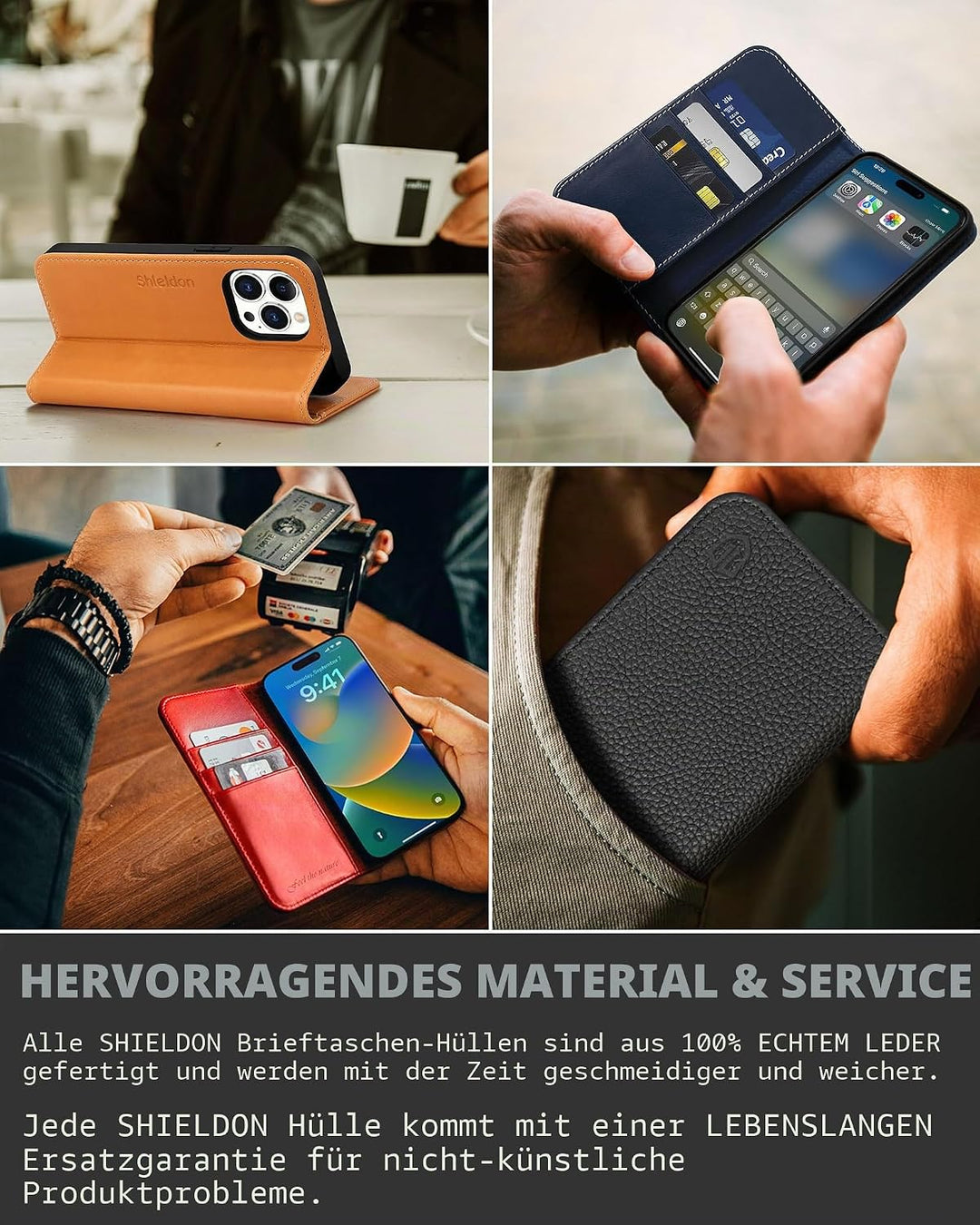 SHIELDON Hülle für iPhone 13 Pro, Handyhülle Schuzhülle [Echtleder] [Schützt vor Stoss] [Verdichtes