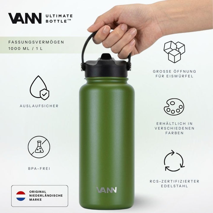 VANN Trinkflasche 1L mit Strohhalm - Thermosflasche isoliert [24h kalt, 12h warm] - Trinkflasche Ede