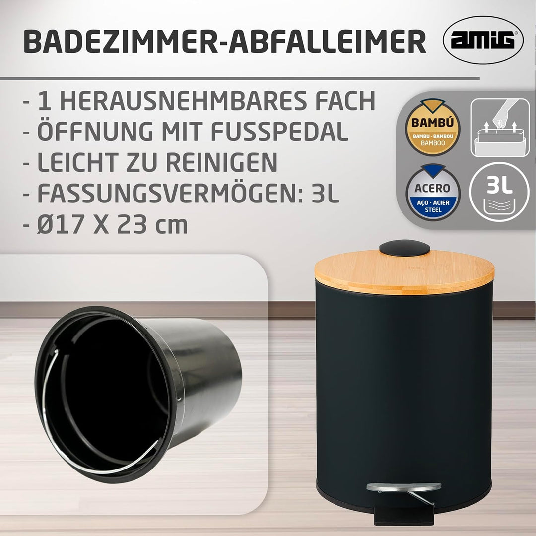 Amig – Kosmetikeimer mit Pedal 3L Naturline – Schwarz und Bambus – Hygienische Öffnung – Ø16,8 x 23