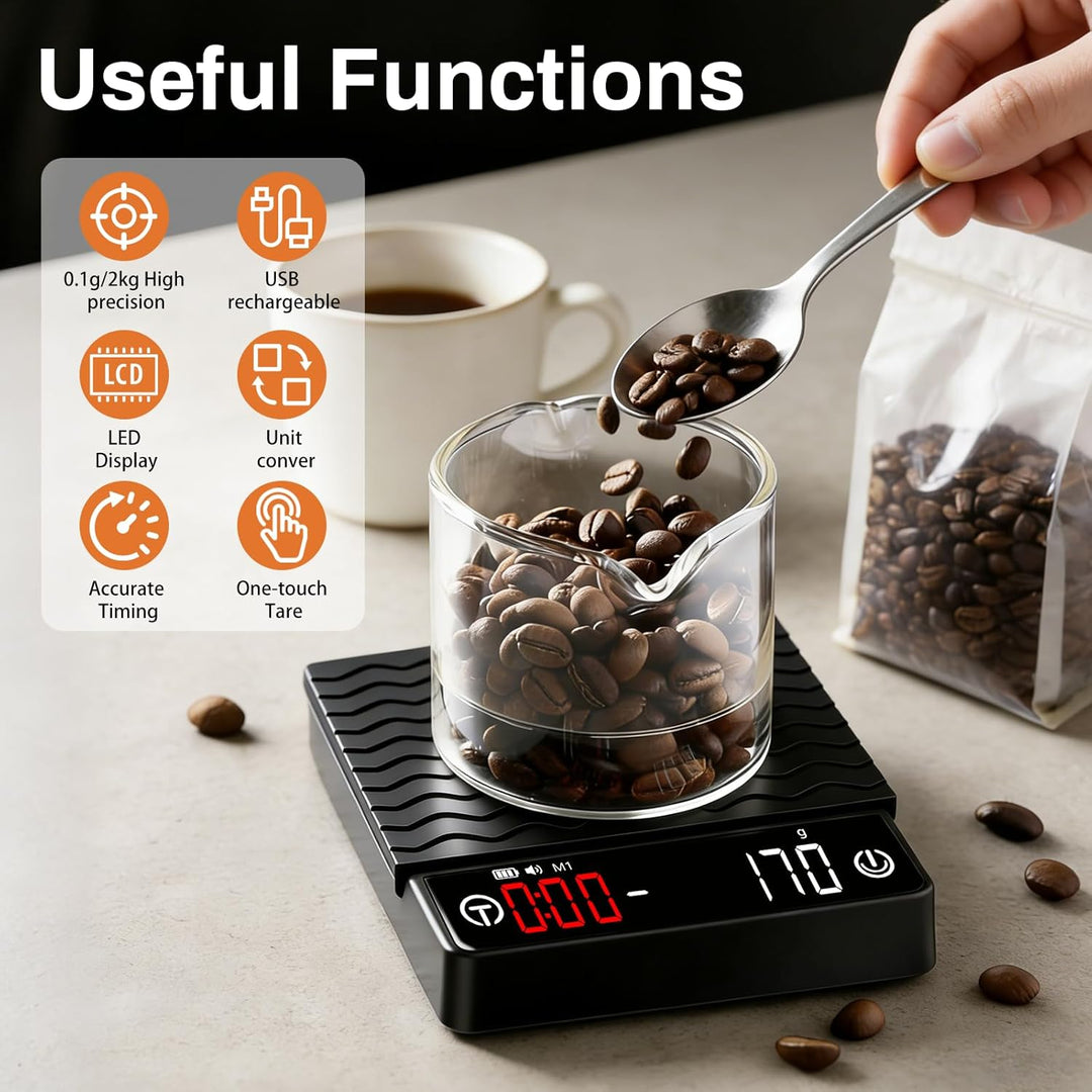 Kaffee Waage mit Timer, Espresso Waage 2kg/0,1g Präzisionswaage, Wiederaufladbare Küchenwaage mit LE