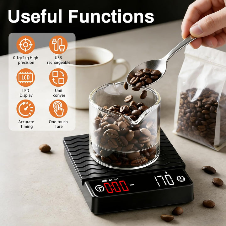 Kaffee Waage mit Timer, Espresso Waage 2kg/0,1g Präzisionswaage, Wiederaufladbare Küchenwaage mit LE
