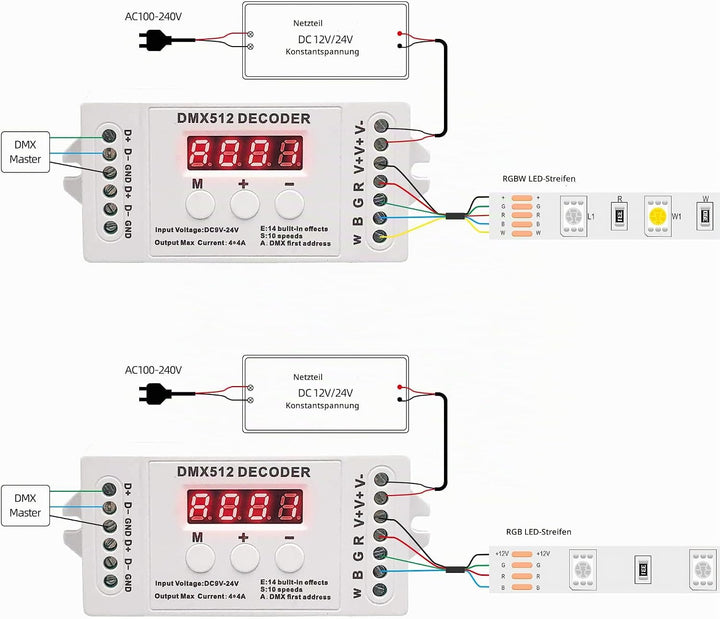 GIDEALED 4 Kanal DMX Decoder,RGBW DMX512 Decoder mit Digitalanzeige,Mini DMX512 Dimmertreiber PWM 16