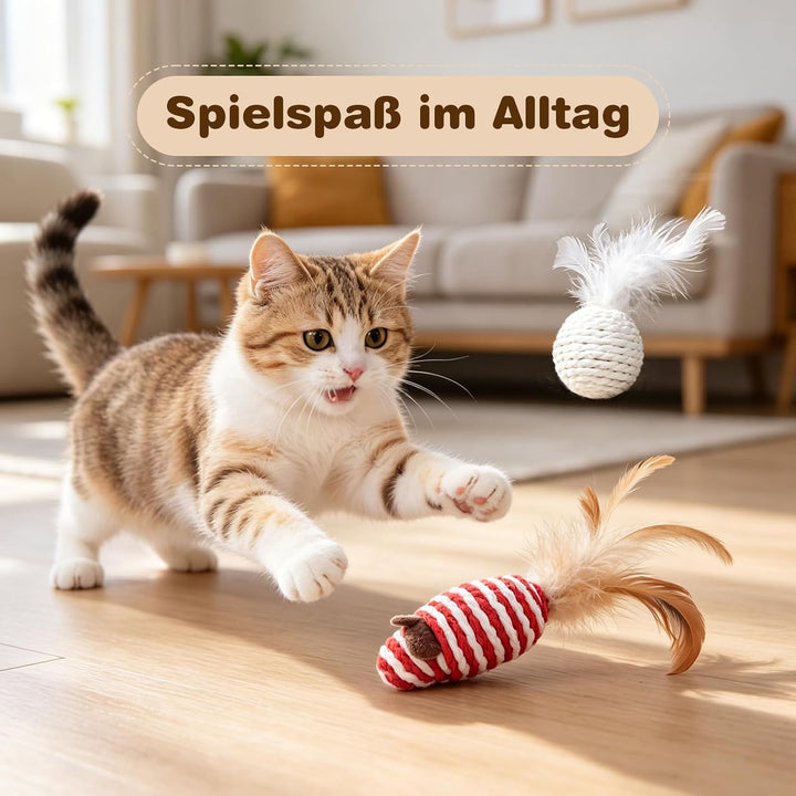 Katzenspielzeug Set 9-teilig | Katzenangel, Sisal Leinen, mit Bällen