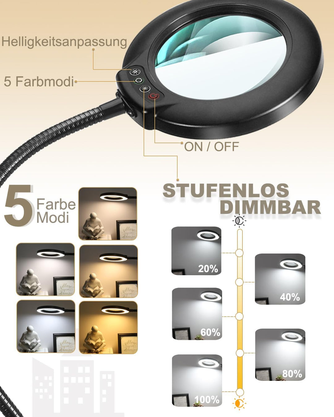 Veemagni 10X Lupe mit Licht und Ständer, 5 Farbmodi stufenlos dimmbare LED beleuchtete Schreibtischl